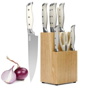 Qulajoy White Knife Set With Block - 9 Piece Razor Sharp Forged High Carbon Stainless Steel Kitchen Knives (Color: White)