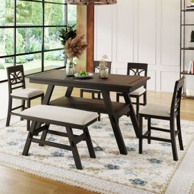 6-Piece Wood Counter Height Dining Table Set with Storage Shelf;  Kitchen Table Set with Bench and 4 Chairs; Rustic Style (Color: Espresso)