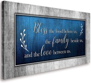 Motivational Quotes Canvas Wall Art Decor Blue and Grey Canvas Prints "Bless This Food Quote" Wall Pictures Framed Artwork for Home Living Room Dining (Color: Blue, size: 20inchx40inch)